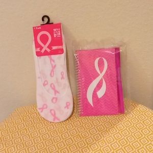 NWT- Breast Cancer Awareness Bundle- Foot Liner Socks, Ribbon Notebook & Pen